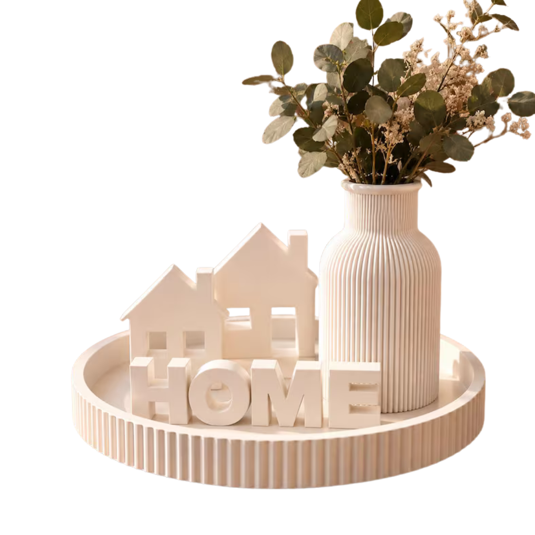 Coffee Table Decor Set, Ribbed Vase and Round Tray with HOME or LOVE Accents, Modern Neutral Living Room Centerpiece and Entryway Decoration