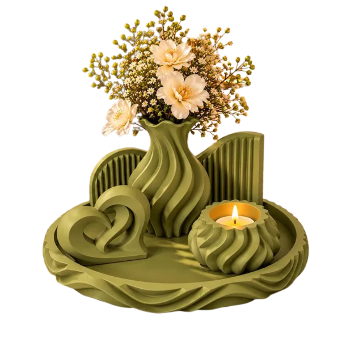 Home Decor Set with Sculptural Vase, Decorative Tray, Heart Sculpture, Candle Holder, Luxury Shelf & Table Decor