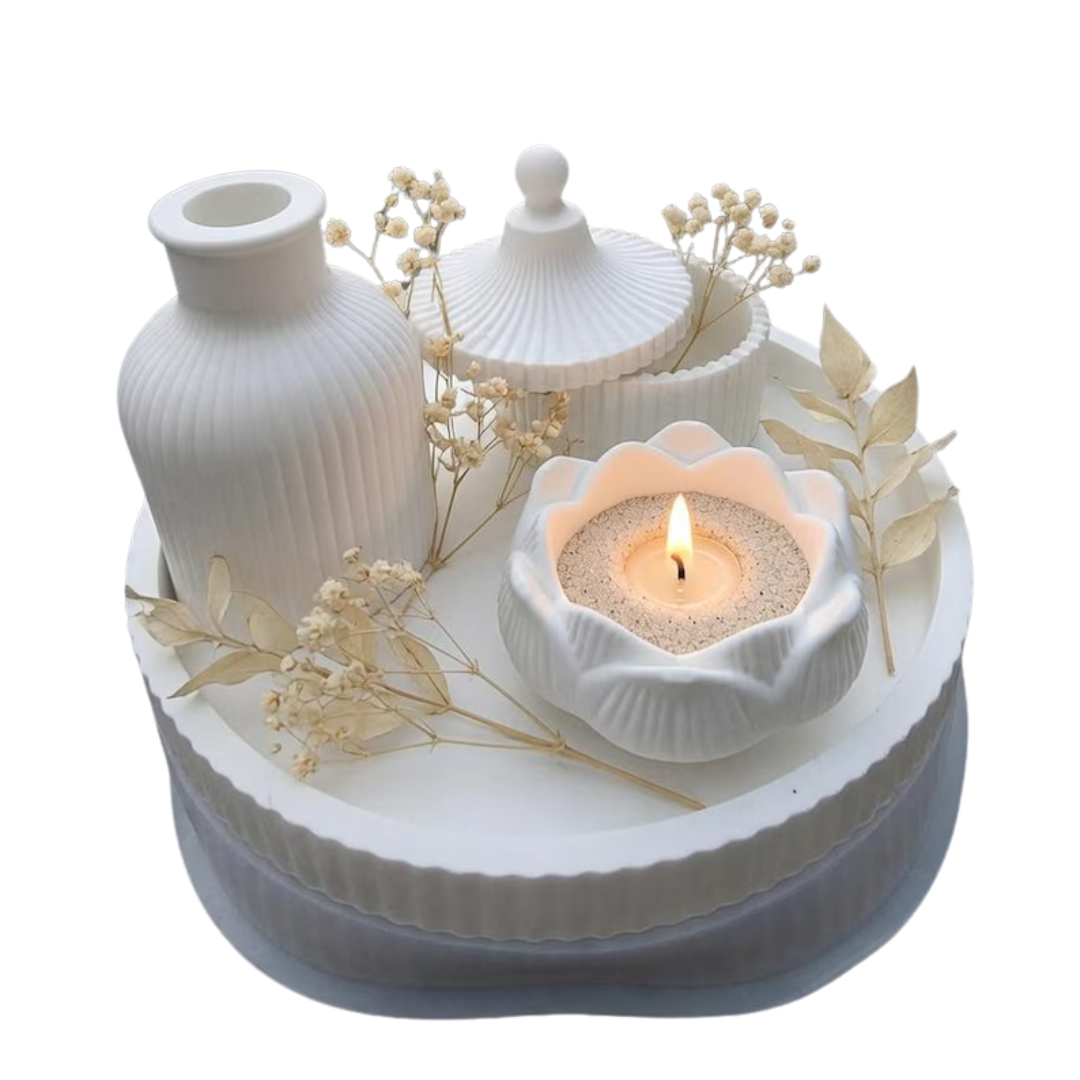 White Resin Decor Set, Ribbed Vase, Lotus Candle Holder, Minimalist Tray (Handmade)
