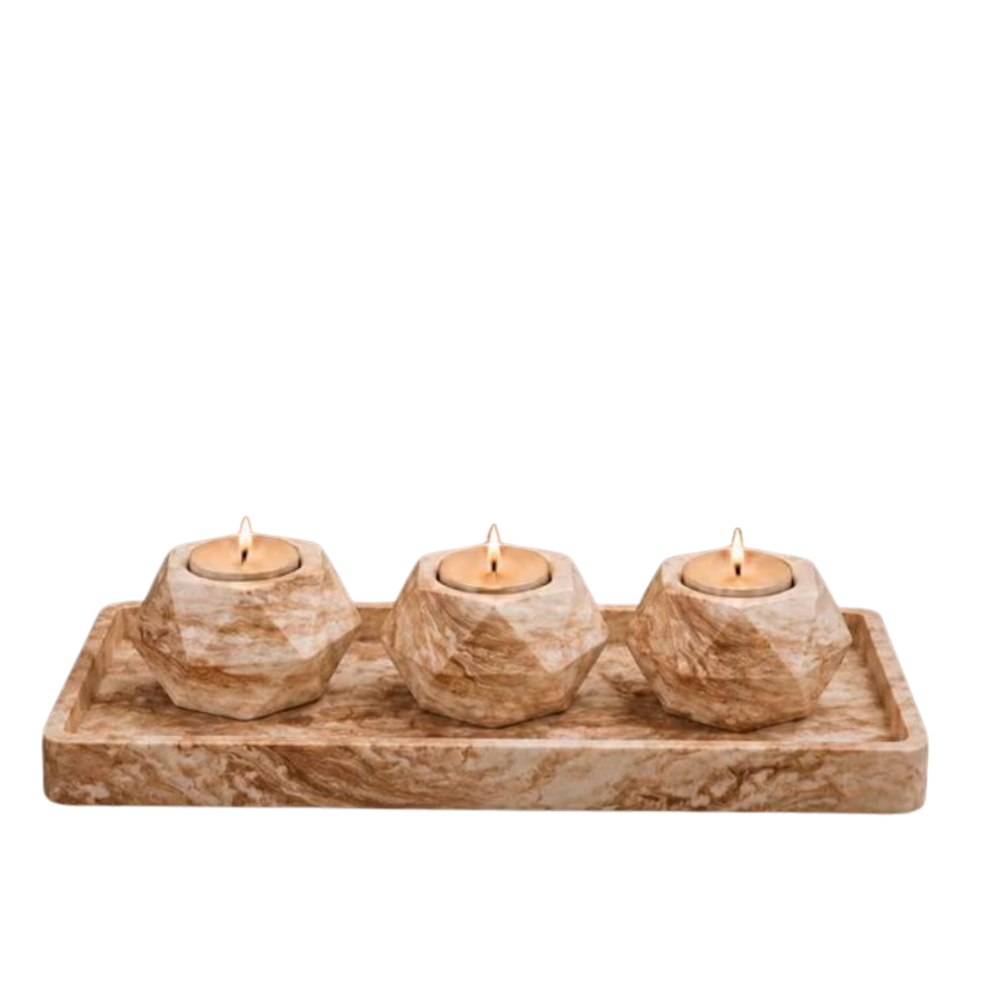 Concrete Tealight Candle Holder Set with Tray, 4 Piece Faceted Tabletop Candle Display
